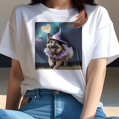 Tシャツ レディース 犬ファン 半袖 春夏 犬柄 プリント カジュアル かわいい 人間用 フィットネス ダンス 魔法の帽子 ジャーマンシェパード 夜空 ハート コスチューム