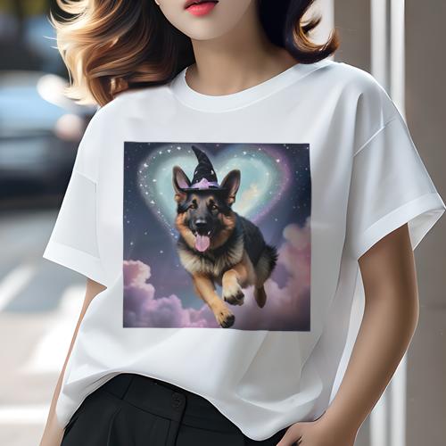 Tシャツ レディース 犬ファン 半袖 春夏 犬柄 プリント カジュアル かわいい 人間用 フィットネス ダンス 魔法使いの帽子 ジャーマンシェパード ハート 星 空 雲
