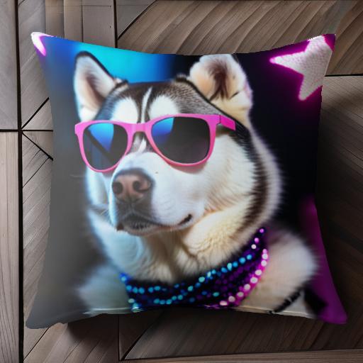 サングラス シベリアンハスキー 星 ネオン バンドナ クッションカバー 45×45cm アニマル柄 おしゃれ 可愛い クッション本体付き 正方形 犬ファン