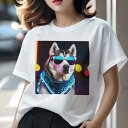 Tシャツ レディース 犬ファン 半袖 春夏 犬柄 プリント カジュアル かわいい 人間用 フィットネス ダンス サングラス シベリアンハスキー ブルーのキラキラ 夜(4)