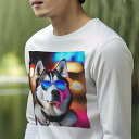 長袖Tシャツ 人間用 メンズ 秋春夏 プリント レジャー アウトドア カジュアル かわいい 犬ファン サングラス シベリアンハスキー ネオンライト 夜景
