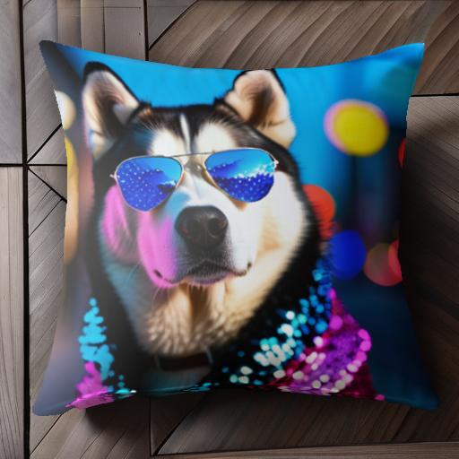 サングラス シベリアンハスキー 派手な服 夜景 街灯 光の反射 クッションカバー 45×45cm アニマル柄 お..