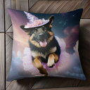 魔法の帽子 ジャーマンシェパードドッグ ピンクのチュールスカート 星雲 空 クッションカバー 45×45cm アニマル柄 おしゃれ 可愛い クッション本体付き 正方形 犬ファン