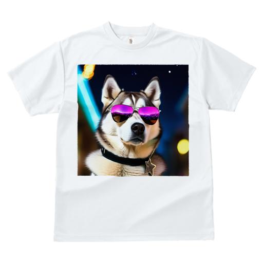 Tシャツ レディース 犬ファン 半袖 春夏 犬柄 プリント カジュアル かわいい 人間用 フィットネス ダンス サングラス シベリアンハスキー 夜 ネオン 星型のペンダント