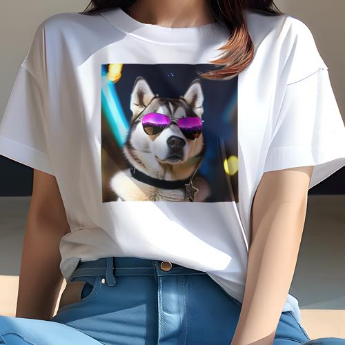 Tシャツ レディース 犬ファン 半袖 春夏 犬柄 プリント カジュアル かわいい 人間用 フィットネス ダンス サングラス シベリアンハスキー 夜 ネオン 星型のペンダント Tシャツ レディース 犬ファン 半袖 春夏 犬柄 プリント カジュアル かわいい 人間用 フィットネス ダンス サングラス シベリアンハスキー 夜 ネオン 星型のペンダント