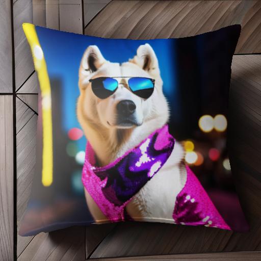 サングラス シベリアンハスキー ピンクのマフラー 夜の街 光る電灯 クッションカバー 45×45cm アニマル柄 おしゃれ 可愛い クッション本体付き 正方形 犬ファン