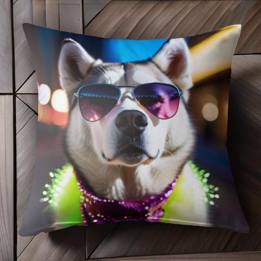 サングラス シベリアンハスキー ネオンライト 夜の街 スパンコールスカーフ クッションカバー 45×45cm ..