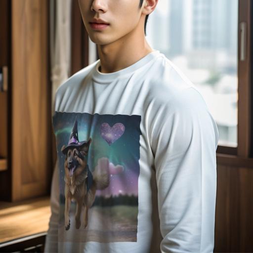 長袖Tシャツ 人間用 メンズ 秋春夏 プリント レジャー アウトドア カジュアル かわいい 犬ファン 魔法使いの帽子 ジャーマンシェパード 星 ハート 道 夜空