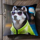 サングラス シベリアンハスキー 蛍光ジャケット 夜の街 クッションカバー 45×45cm アニマル柄 おしゃれ 可愛い クッション本体付き 正方形 犬ファン