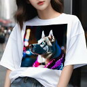 Tシャツ メンズ キッズ 犬ファン 半袖 春夏 犬柄 プリント カジュアル かわいい 人間用 フィットネス ダンス ネオン シベリアンハスキー 夜 街灯 イルミネーション