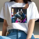 Tシャツ レディース 犬ファン 半袖 春夏 犬柄 プリント カジュアル かわいい 人間用 フィットネス ダンス ネオン シベリアンハスキー 夜 街灯 イルミネーション(4)