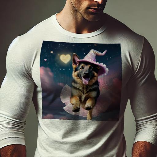 長袖Tシャツ 人間用 メンズ 秋春夏 プリント レジャー アウトドア カジュアル かわいい 犬ファン 魔女の帽子 ジャーマンシェパード チュチュ 雲 星 ハート