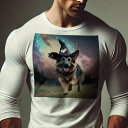 長袖Tシャツ 人間用 メンズ 秋春夏 プリント レジャー アウトドア カジュアル かわいい 犬ファン 魔法使いの帽子 ジャーマンシェパード 夕暮れ 星空 道
