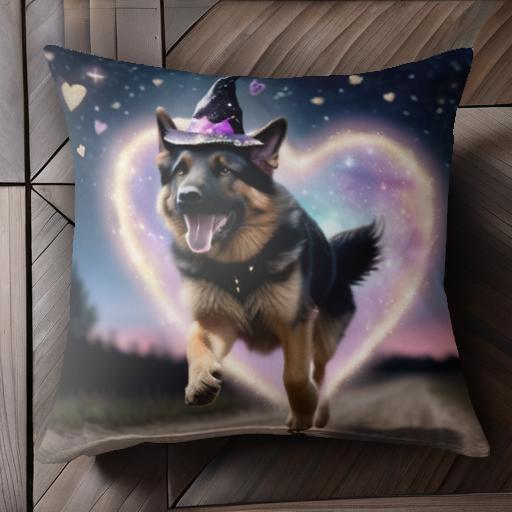 魔法の帽子 ジャーマンシェパードドッグ 夜空 星 ハート 走る クッションカバー 45×45cm アニマル柄 おしゃれ 可愛い クッション本体付き 正方形 犬ファン