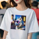 Tシャツ レディース 犬ファン 半袖 春夏 犬柄 プリント カジュアル かわいい 人間用 フィットネス ダンス サングラス シベリアンハスキー 夜の街 光 首輪(4)
