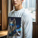 長袖Tシャツ 人間用 メンズ 秋春夏 プリント レジャー アウトドア カジュアル かわいい 犬ファン サングラス シベリアンハスキー スカーフ 夜 街灯 ボケ