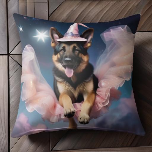 星 ジャーマンシェパード ピンクの帽子 フリルのスカート ファンタジー 夜空 クッションカバー 45×45cm アニマル柄 おしゃれ 可愛い クッション本体付き 正方形 犬ファン