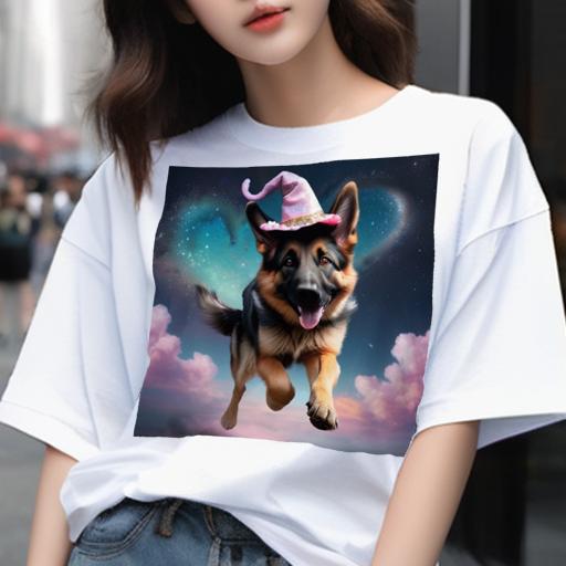 Tシャツ メンズ キッズ 犬ファン 半袖 春夏 犬柄 プリント カジュアル かわいい 人間用 フィットネス ダンス 魔法の帽子 ジャーマンシェパードドッグ 星雲 ハートの形 ピンクの雲