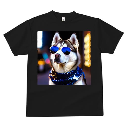 Tシャツ レディース 犬ファン 半袖 春夏 犬柄 プリント カジュアル かわいい 人間用 フィットネス ダンス サングラス シベリアンハスキー 夜景 キラキラスカーフ