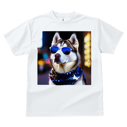 Tシャツ レディース 犬ファン 半袖 春夏 犬柄 プリント カジュアル かわいい 人間用 フィットネス ダンス サングラス シベリアンハスキー 夜景 キラキラスカーフ