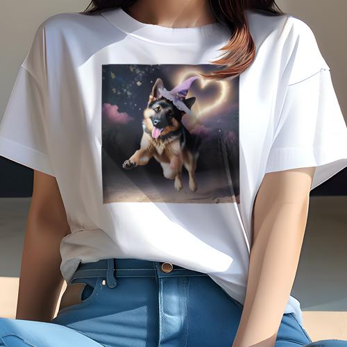 Tシャツ レディース 犬ファン 半袖 春夏 犬柄 プリント カジュアル かわいい 人間用 フィットネス ダンス 魔法の帽子 ジャーマンシェパード 夜空 星 ハート カラフルな雲