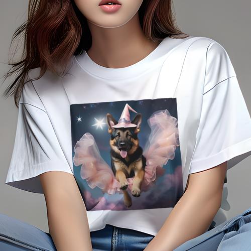 Tシャツ レディース 犬ファン 半袖 春夏 犬柄 プリント カジュアル かわいい 人間用 フィットネス ダンス 星 ジャーマンシェパード ピンクの帽子 フリルのスカート ファンタジー 夜空
