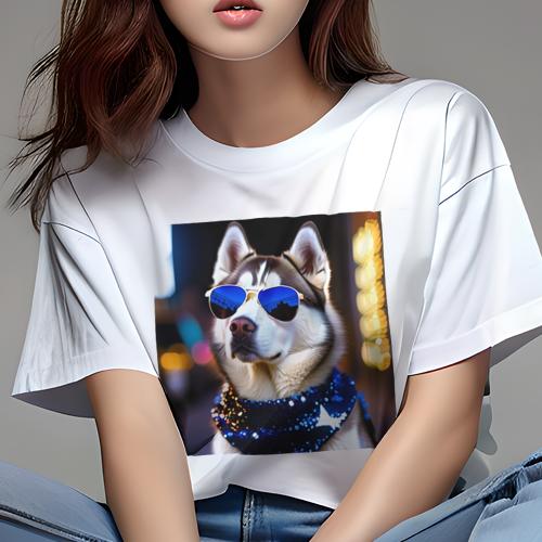 Tシャツ レディース 犬ファン 半袖 春夏 犬柄 プリント カジュアル かわいい 人間用 フィットネス ダンス サングラス シベリアンハスキー 夜景 キラキラスカーフ
