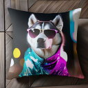 サングラス シベリアンハスキー ジャケット 夜 ネオンライト クッションカバー 45×45cm アニマル柄 おしゃれ 可愛い クッション本体付き 正方形 犬ファン