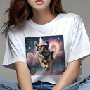Tシャツ レディース 犬ファン 半袖 春夏 犬柄 プリント カジュアル かわいい 人間用 フィットネス ダンス 魔法の帽子 ジャーマンシェパードドッグ ハートの雲 夜空 星 ピンクのハート