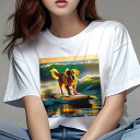 Tシャツ レディース 犬ファン 半袖 春夏 犬柄 プリント カジュアル かわいい 人間用 フィットネス ダンス サーフィン ゴールデンレトリバー 海 波(4)