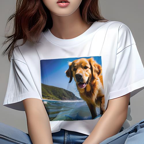 Tシャツ レディース 犬ファン 半袖 春夏 犬柄 プリント カジュアル かわいい 人間用 フィットネス ダンス 海 ゴールデンレトリバー サーフィン 青空 山
