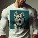 長袖Tシャツ 人間用 メンズ 秋春夏 プリント レジャー アウトドア カジュアル かわいい 犬ファン メガネ シベリアンハスキー 蝶ネクタイ