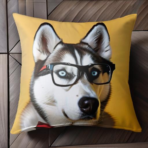 メガネ シベリアンハスキー 蝶ネクタイ 黄色の背景 クッションカバー 45×45cm アニマル柄 おしゃれ 可愛い クッション本体付き 正方形 犬ファン