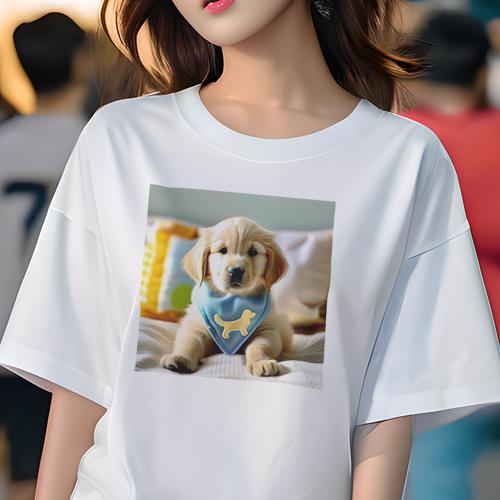 Tシャツ レディース 犬ファン 半袖 春夏 犬柄 プリント カジュアル かわいい 人間用 フィットネス ダンス 子犬 ゴールデンレトリバー バンダナ ベッド クッション(4)
