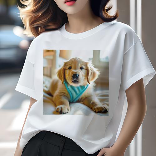 Tシャツ レディース 犬ファン 半袖 春夏 犬柄 プリント カジュアル かわいい 人間用 フィットネス ダンス ベッド ゴールデンレトリバー 夕日 なだらかな毛