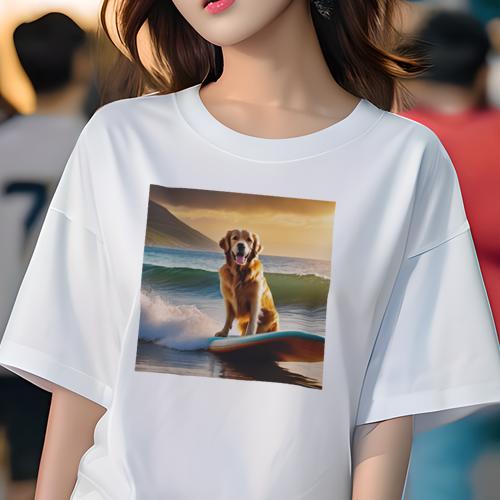 Tシャツ レディース 犬ファン 半袖 春夏 犬柄 プリント カジュアル かわいい 人間用 フィットネス ダンス サーフボード ゴールデンレトリーバー 海 夕日