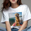 Tシャツ レディース 犬ファン 半袖 春夏 犬柄 プリント カジュアル かわいい 人間用 フィットネス ダンス サーフィン ゴールデンレトリバー 海 波(4)