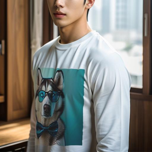 長袖Tシャツ 人間用 メンズ 秋春夏 プリント レジャー アウトドア カジュアル かわいい 犬ファン メガネ シベリアンハスキー 蝶ネクタイ 青い背景