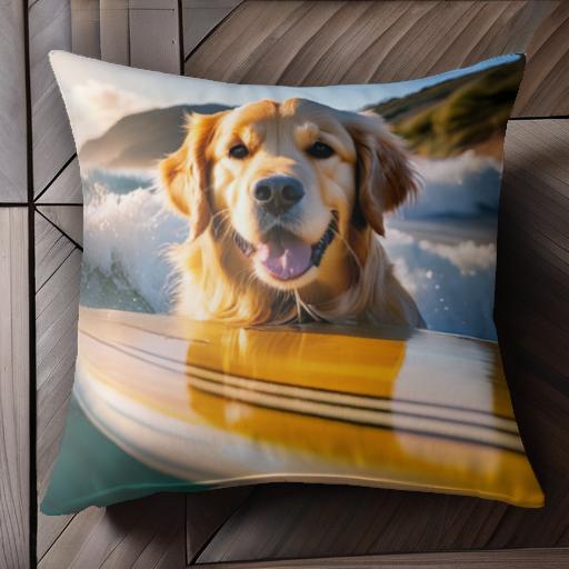 サーフボード ゴールデンレトリーバー 海 波 夕日 ビーチ クッションカバー 45×45cm アニマル柄 おしゃれ 可愛い クッション本体付き 正方形 犬ファン