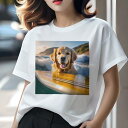 Tシャツ レディース 犬ファン 半袖 春夏 犬柄 プリント カジュアル かわいい 人間用 フィットネス ダンス サーフボード ゴールデンレトリーバー 海 波 夕日 ビーチ(4)