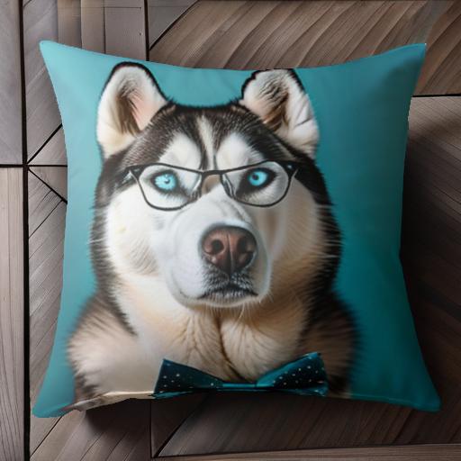 眼鏡 シベリアンハスキー 蝶ネクタイ 青い背景 クッションカバー 45×45cm アニマル柄 おしゃれ 可愛い ..