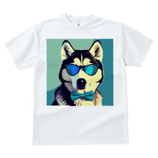 Tシャツ レディース 犬ファン 半袖 春夏 犬柄 プリント カジュアル かわいい 人間用 フィットネス ダンス サングラス シベリアンハスキー 蝶ネクタイ アニメ風
