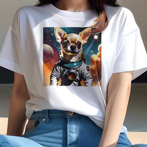 Tシャツ レディース 犬ファン 半袖 春夏 犬柄 プリント カジュアル かわいい 人間用 フィットネス ダンス 宇宙服 チワワ 宇宙 星 惑星