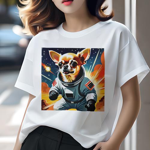 Tシャツ レディース 犬ファン 半袖 春夏 犬柄 プリント カジュアル かわいい 人間用 フィットネス ダンス 宇宙 チワワ 爆発 アストロノートスーツ 星 空