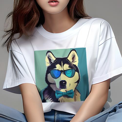 Tシャツ レディース 犬ファン 半袖 春夏 犬柄 プリント カジュアル かわいい 人間用 フィットネス ダンス サングラス シベリアンハスキー 蝶ネクタイ アニメ風