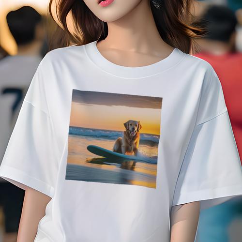 Tシャツ レディース 犬ファン 半袖 春夏 犬柄 プリント カジュアル かわいい 人間用 フィットネス ダンス サーフボード ゴールデンレトリバー 夕日 海 波