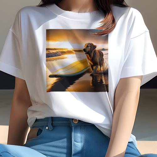 Tシャツ レディース 犬ファン 半袖 春夏 犬柄 プリント カジュアル かわいい 人間用 フィットネス ダンス サーフィン ゴールデンレトリバー ビーチ 夕日 波