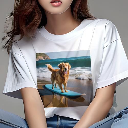 Tシャツ レディース 犬ファン 半袖 春夏 犬柄 プリント カジュアル かわいい 人間用 フィットネス ダンス サーフボード ゴールデンレトリバー 海 砂浜 波 Tシャツ レディース 犬ファン 半袖 春夏 犬柄 プリント カジュアル かわいい 人間用 フィットネス ダンス サーフボード ゴールデンレトリバー 海 砂浜 波