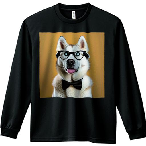 長袖Tシャツ 人間用 メンズ 秋春夏 プリント レジャー アウトドア カジュアル かわいい 犬ファン 眼鏡 シベリアンハスキー 蝶ネクタイ オレンジ背景