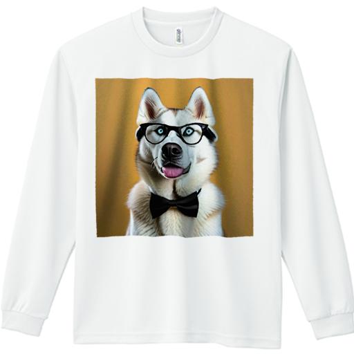 長袖Tシャツ 人間用 メンズ 秋春夏 プリント レジャー アウトドア カジュアル かわいい 犬ファン 眼鏡 シベリアンハスキー 蝶ネクタイ オレンジ背景